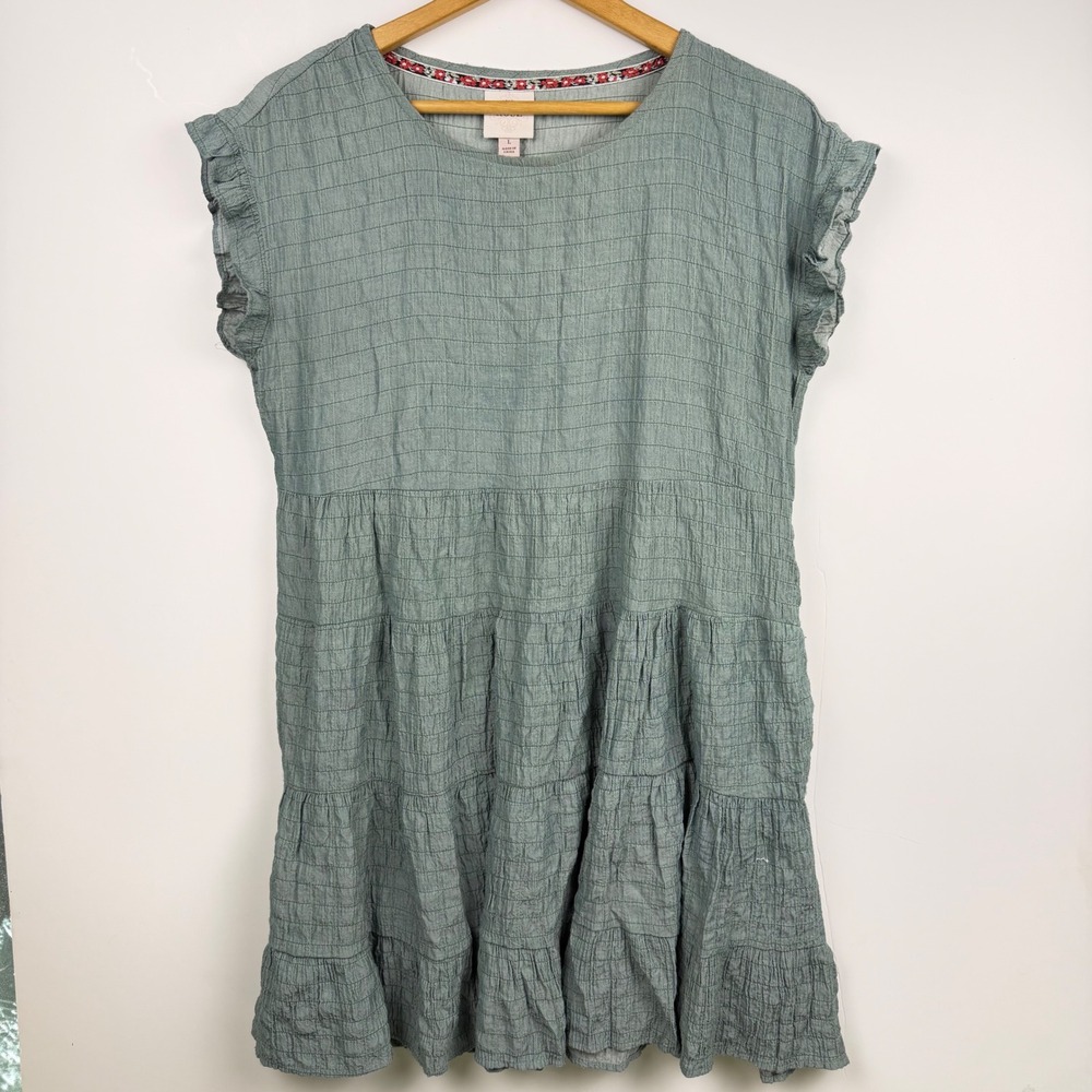 Knox Rose Sage Green Crinkle Tiered Mini Dress Ruffle Sleeve Pockets Large